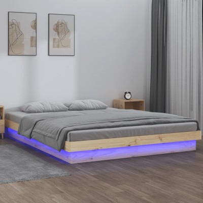 Estructura de cama doble LED sin colchón madera maciza