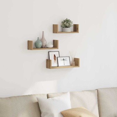 Estante de pared 3 uds madera de ingeniería roble artesanal
