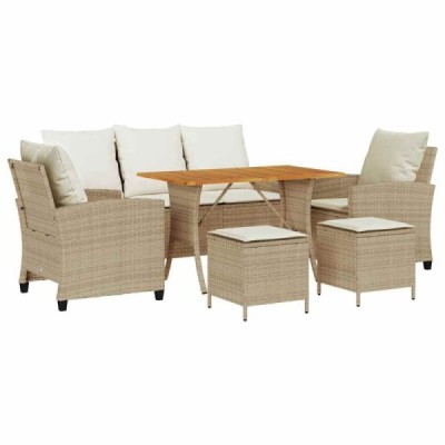 Conjunto de sofá de jardín de 6 piezas con cojines, poliratán beige