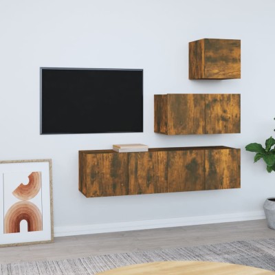 Set de muebles de TV 4 pzas madera contrachapada roble ahumado