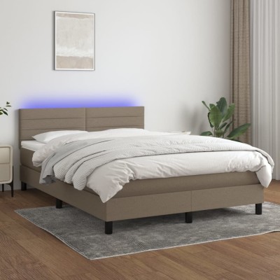 Cama box spring colchón y luces LED tela gris taupe 140x200 cm