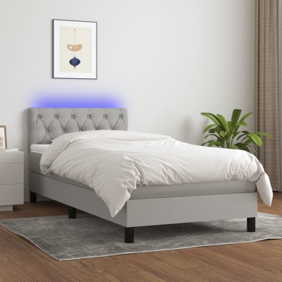 Cama box spring colchón y luces LED tela gris claro 80x200 cm