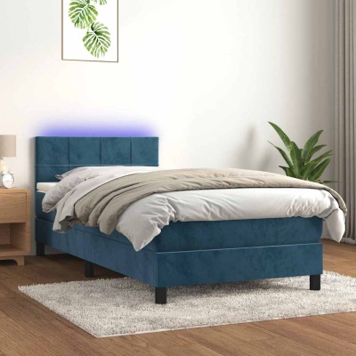 Cama box spring colchón y LED terciopelo azul oscuro 90x190 cm