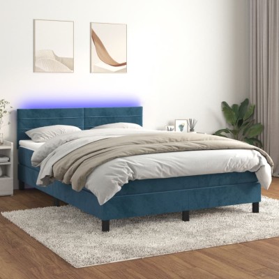 Cama box spring colchón y LED terciopelo azul oscuro 140x200 cm