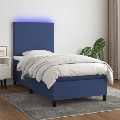 Cama box spring colchón y luces LED tela azul 80x200 cm