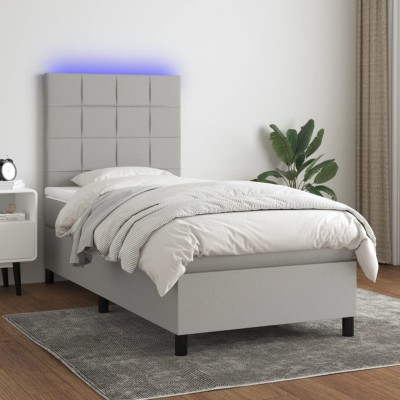 Cama box spring colchón y luces LED tela gris claro 90x200 cm