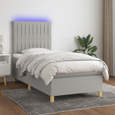 Cama box spring colchón y luces LED tela gris claro 100x200 cm