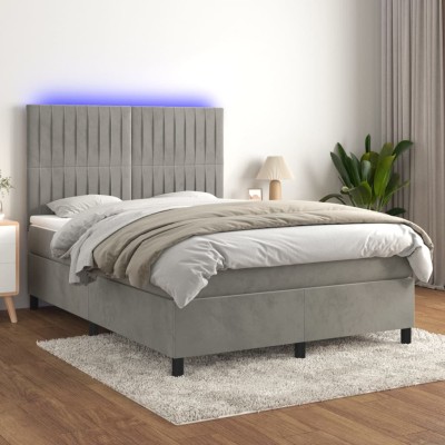 Cama box spring colchón y LED terciopelo gris claro 140x200 cm
