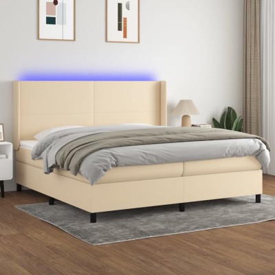 Cama box spring colchón y luces LED tela crema 200x200 cm
