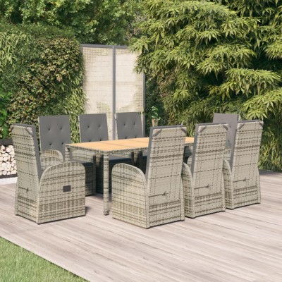 Set comedor jardín 9 pzas y cojines ratán sintético gris