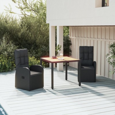 Set comedor de jardín 3 pzas con cojines ratán sintético negro