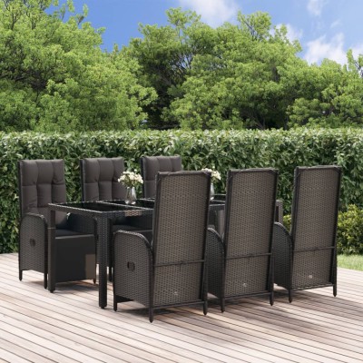 Set de comedor de jardín 7 pzas y cojines ratán sintético negro