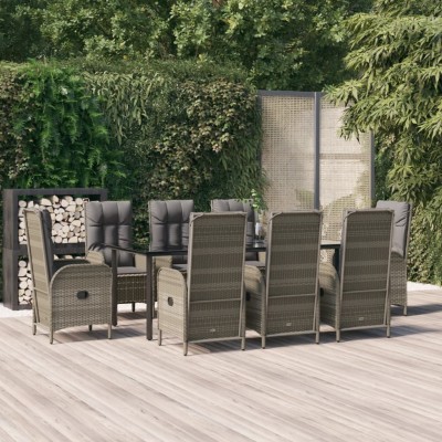 Set comedor jardín 9 pzas y cojines ratán sintético negro gris