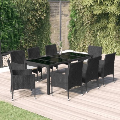 Set de comedor de jardín 9 pzas y cojines ratán sintético negro