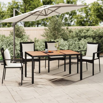 Mesa de jardín ratán PE negro y superficie madera maciza acacia