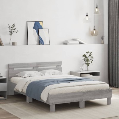 Estructura de cama cabecero y luces LED gris Sonoma 120x200 cm
