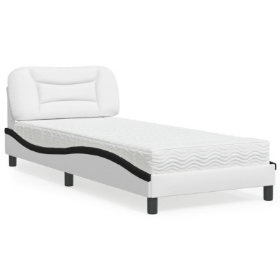 Cama con colchón cuero sintético blanco y negro 90x200 cm