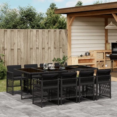 Set de comedor de jardín 9 pzas y cojines ratán sintético negro