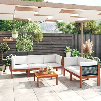 Conjunto de jardín de 6 piezas con cojines, madera color crema, acacia y cuerda