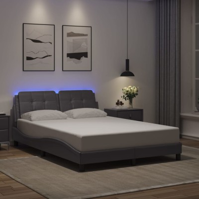 Estructura cama con luces LED cuero sintético gris 140x190 cm