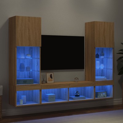 Muebles TV pared con LED 5 pzas madera ingeniería roble Sonoma