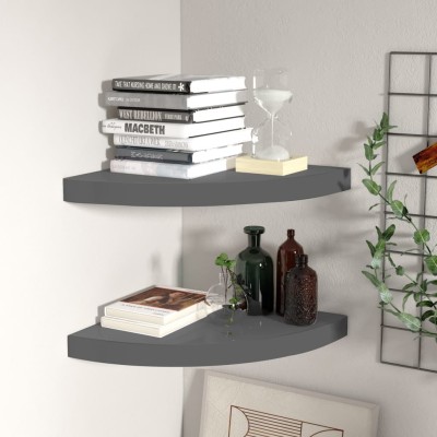 Estantes flotantes esquina 2 uds MDF gris brillo 35x35x3,8 cm