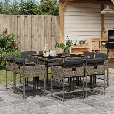 Set comedor jardín 9 pzas y cojines ratán sintético gris