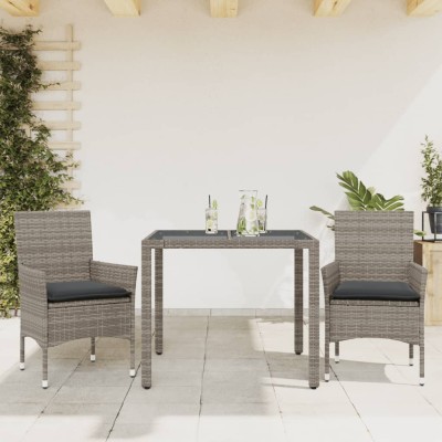 Set comedor jardín 3 pzas y cojines ratán sintético vidrio gris
