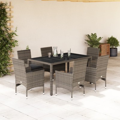 Set comedor jardín 7 pzas y cojines ratán sintético vidrio gris
