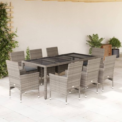 Set comedor jardín 9 pzas y cojines ratán sintético vidrio gris