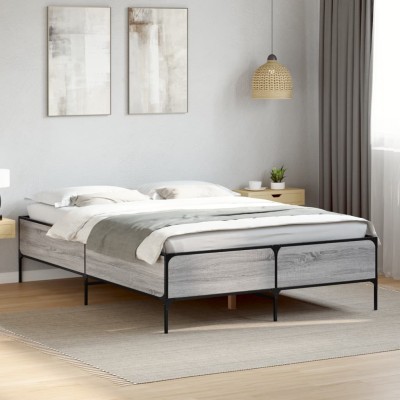 Estructura cama madera ingeniería metal gris Sonoma 150x200 cm