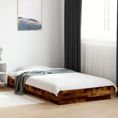 Estructura de cama con luces LED madera roble ahumado 90x200 cm