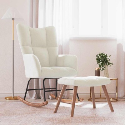 Silla mecedora con reposapiés terciopelo crema