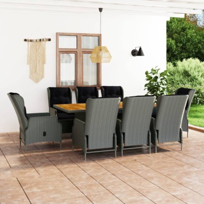 Set comedor jardín 9 pzas y cojines ratán sintético gris claro