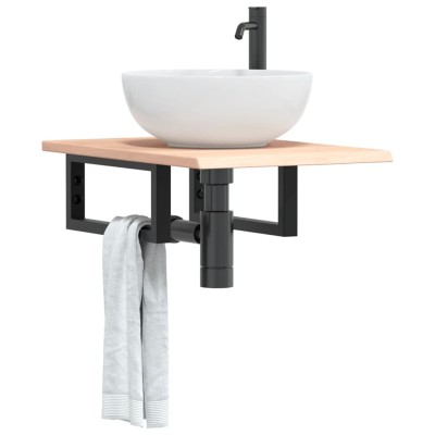 Estante de lavabo de pared de acero y madera maciza de roble