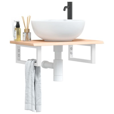 Estante de lavabo de pared de acero y madera maciza de roble