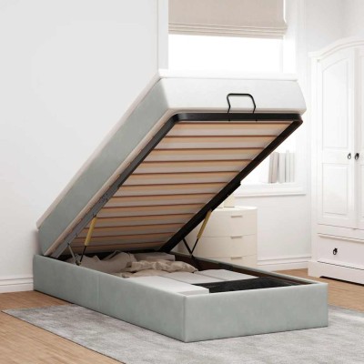 Estructura cama otomana colchón terciopelo gris claro 80x200cm
