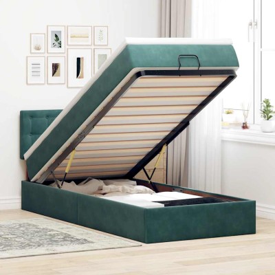 Estructura de cama otomana con colchón terciopelo verde oscuro