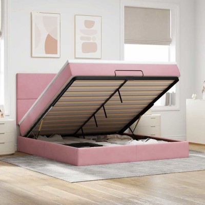 Estructura de cama otomana colchones terciopelo rosa 180x200cm