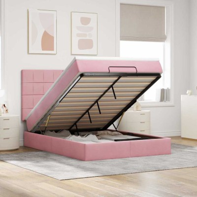 Estructura cama otomana colchones terciopelo rosa 140x200cm
