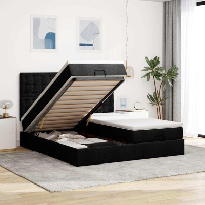 Estructura de cama otomana con colchones tela negra 200x200cm