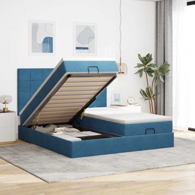 Estructura de cama otomana colchones terciopelo azul oscuro