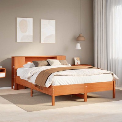 Cama con estantería sin colchón madera maciza marrón 140x190 cm