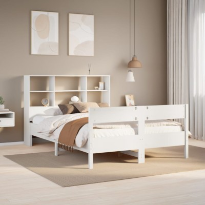 Cama con estantería sin colchón madera maciza blanca 160x200 cm