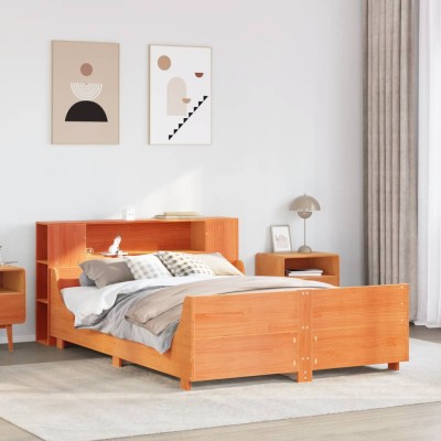 Cama sin colchón madera maciza de pino marrón cera 140x190 cm