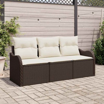 Conjunto de sofá de jardín con cojín 3 pcs Marrón Poliratán