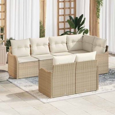 Conjunto de sofá de jardín con cojín 7 pcs Beige Poliratán