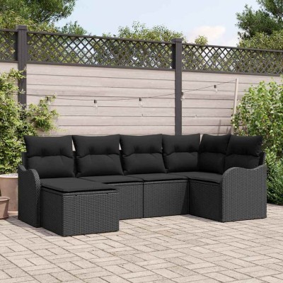 Conjunto de sofá de jardín con cojín 6 pcs Negro Poliratán