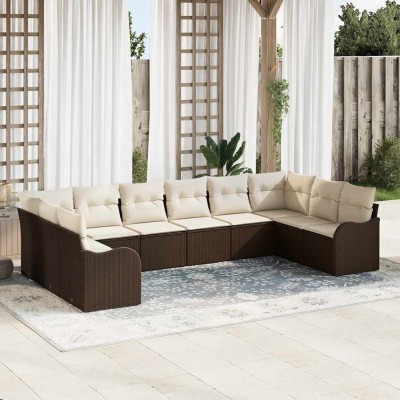 Conjunto de sofá de jardín con cojín 10 pcs Marrón Poliratán