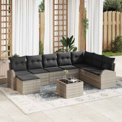 Conjunto de sofá de jardín con cojín 9 pcs Gris claro Poliratán